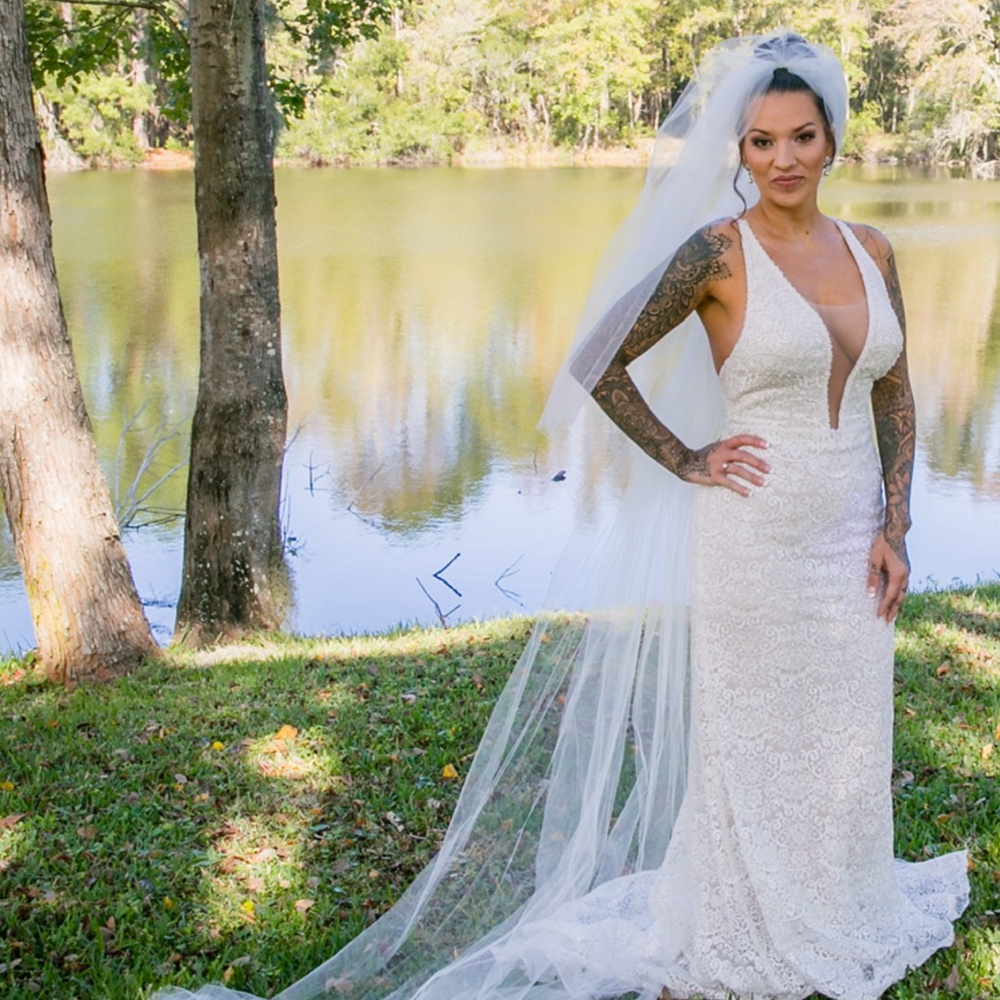 Wedding dress, cathedral veil, and elbow veil